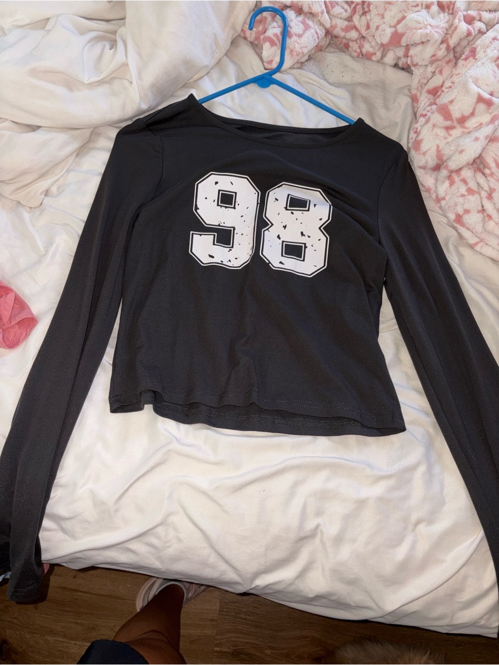 Grey Long Sleeve Slightly Cropped Top with White '98' Graphic